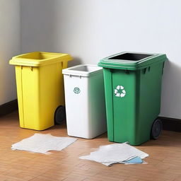 Two identical trash bins, one overflowing with litter and paper on the ground, and the other cleaner with paper neatly inside the bin