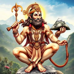 A detailed and majestic portrayal of Hanuman, the Hindu deity, depicted in a traditional style