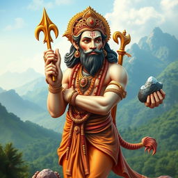 A detailed and majestic portrayal of Hanuman, the Hindu deity, depicted in a traditional style
