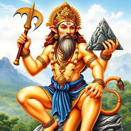 A detailed and majestic portrayal of Hanuman, the Hindu deity, depicted in a traditional style