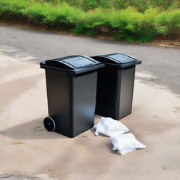 Two identical trash bins, one overflowing with litter and paper on the ground, and the other cleaner with paper neatly inside the bin