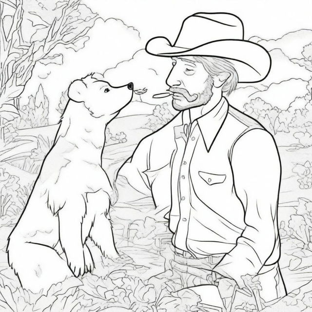 A cowboy sharing an unexpected moment of companionship with a bear, designed as a memorable coloring book page.