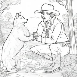 A cowboy sharing an unexpected moment of companionship with a bear, designed as a memorable coloring book page.