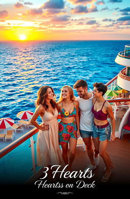 An enchanting scene on a luxurious cruise ship, featuring three best friends, all smiling and laughing together, standing on the deck as they gaze playfully at three handsome triplet brothers surrounding them