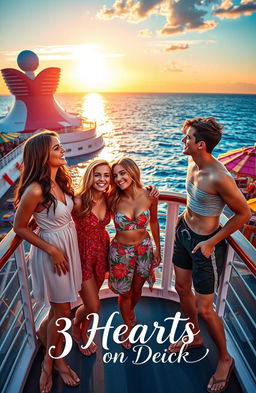 An enchanting scene on a luxurious cruise ship, featuring three best friends, all smiling and laughing together, standing on the deck as they gaze playfully at three handsome triplet brothers surrounding them