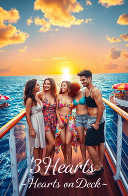 An enchanting scene on a luxurious cruise ship, featuring three best friends, all smiling and laughing together, standing on the deck as they gaze playfully at three handsome triplet brothers surrounding them