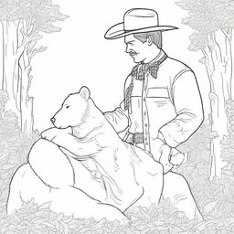 A cowboy sharing an unexpected moment of companionship with a bear, designed as a memorable coloring book page.