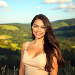 A beautiful Polish woman, aged 35, with long flowing dark brown hair, sparkling green eyes, and a warm smile
