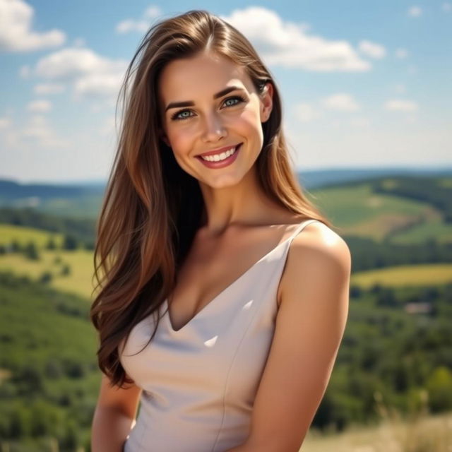 A beautiful Polish woman, aged 35, with long flowing dark brown hair, sparkling green eyes, and a warm smile