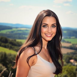 A beautiful Polish woman, aged 35, with long flowing dark brown hair, sparkling green eyes, and a warm smile