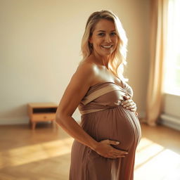 A beautiful mature woman with blonde hair showcasing her curves while being pregnant