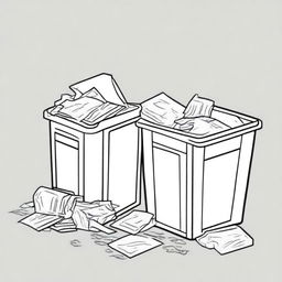 Illustration of two identical trash bins split by a bold black line, one bin overflowing with litter and paper on the ground, the other cleaner with paper neatly inside the bin