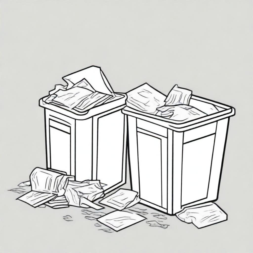 Illustration of two identical trash bins split by a bold black line, one bin overflowing with litter and paper on the ground, the other cleaner with paper neatly inside the bin
