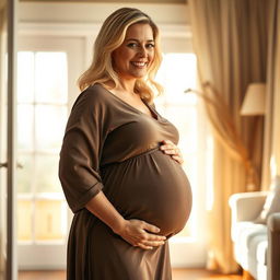 A beautiful mature woman with blonde hair showcasing her curves while being pregnant