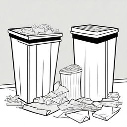 Illustration of two identical trash bins split by a bold black line, one bin overflowing with litter and paper on the ground, the other cleaner with paper neatly inside the bin