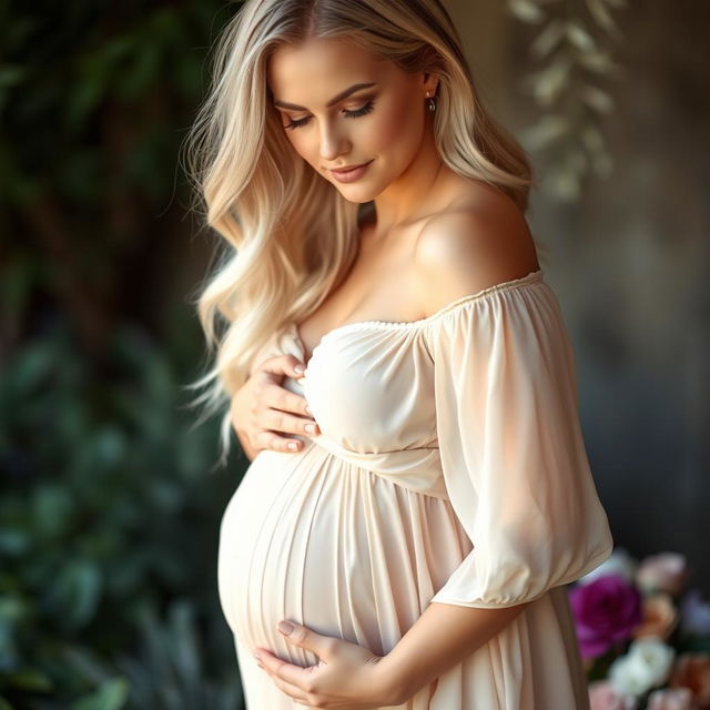 A stunning portrait of a blonde woman with beautiful curves, showcasing her pregnancy glow