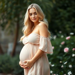 A stunning portrait of a blonde woman with beautiful curves, showcasing her pregnancy glow