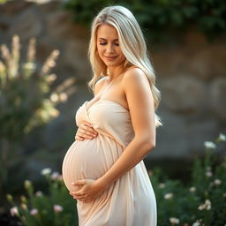 A stunning portrait of a blonde woman with beautiful curves, showcasing her pregnancy glow