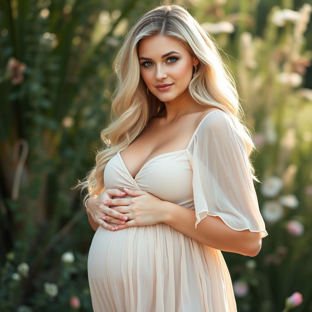 A stunning portrait of a blonde woman with beautiful curves, showcasing her pregnancy glow