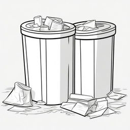 Illustration of two identical trash bins split by a bold black line, one bin overflowing with litter and paper on the ground, the other cleaner with paper neatly inside the bin