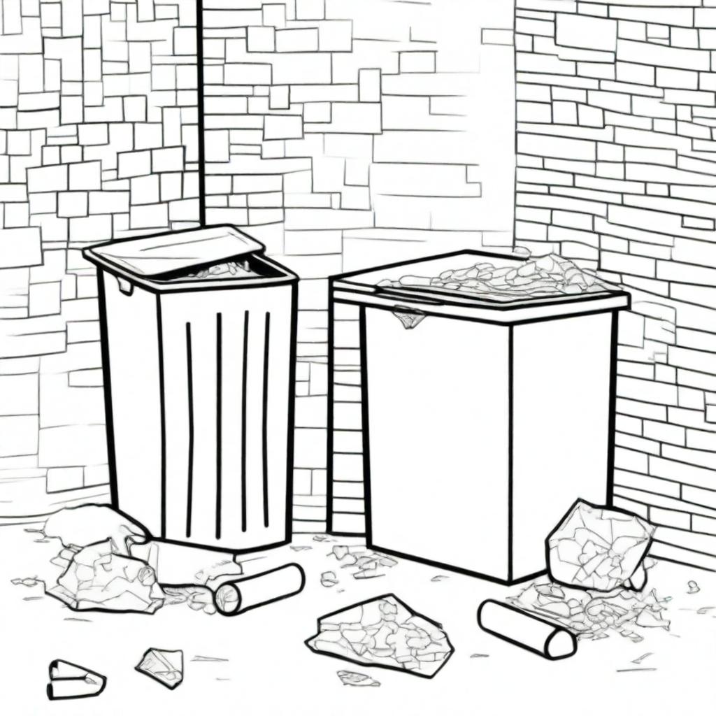 Illustration of two identical trash bins split by a bold black line, one bin overflowing with litter and paper on the ground, the other cleaner with paper neatly inside the bin