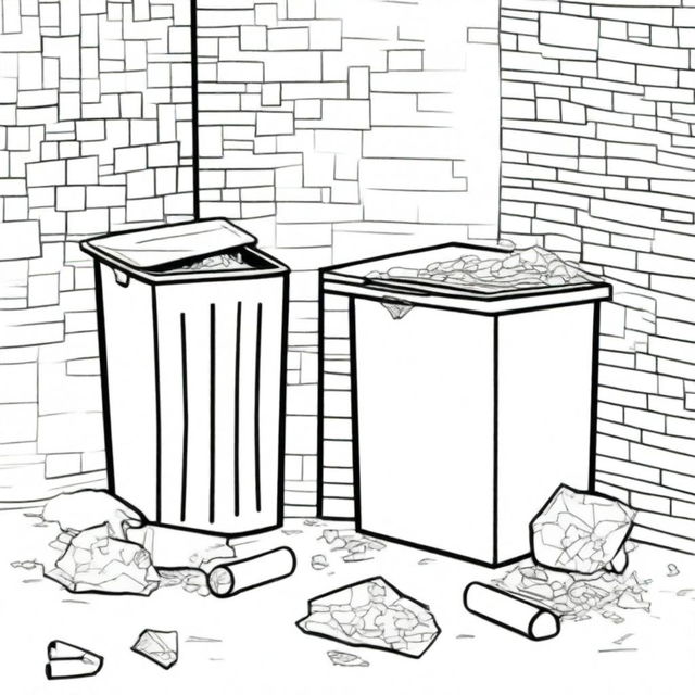 Illustration of two identical trash bins split by a bold black line, one bin overflowing with litter and paper on the ground, the other cleaner with paper neatly inside the bin