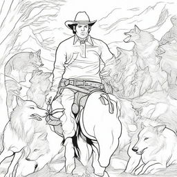 A cowboy surrounded by a pack of wolves, creating a tense but fascinating scene for a colouring book page.