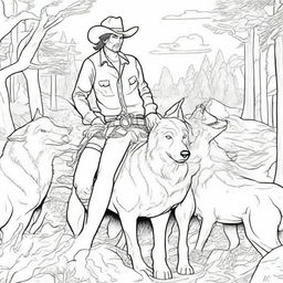 A cowboy surrounded by a pack of wolves, creating a tense but fascinating scene for a colouring book page.