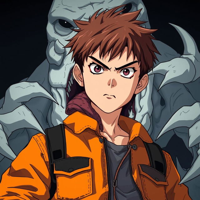 An anime-style illustration of a 14-year-old boy with brown hair, staring intensely at the viewer with an angry expression