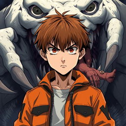 An anime-style illustration of a 14-year-old boy with brown hair, staring intensely at the viewer with an angry expression