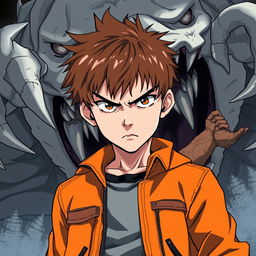 An anime-style illustration of a 14-year-old boy with brown hair, staring intensely at the viewer with an angry expression