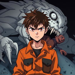An anime-style illustration of a 14-year-old boy with brown hair, staring intensely at the viewer with an angry expression