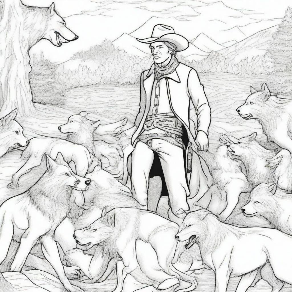 A cowboy surrounded by a pack of wolves, creating a tense but fascinating scene for a colouring book page.