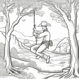 A cowboy humorously swinging from a tree, decorated with a lively western scenery around, rendered as a black and white image suited for a colouring book page