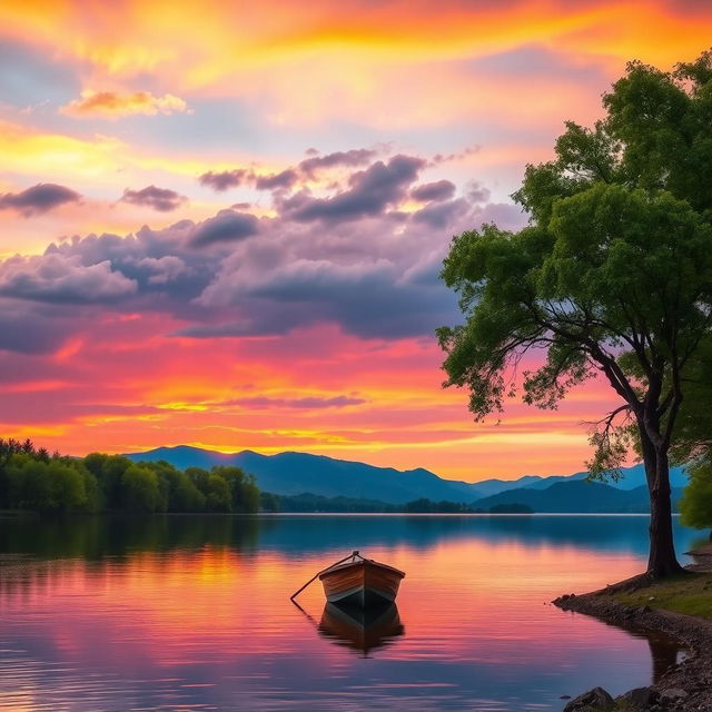 A stunning, vibrant sunset over a tranquil lake, with reflections of colorful clouds above and the silhouettes of distant mountains in the background