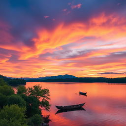 A stunning, vibrant sunset over a tranquil lake, with reflections of colorful clouds above and the silhouettes of distant mountains in the background