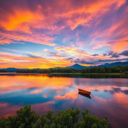 A stunning, vibrant sunset over a tranquil lake, with reflections of colorful clouds above and the silhouettes of distant mountains in the background