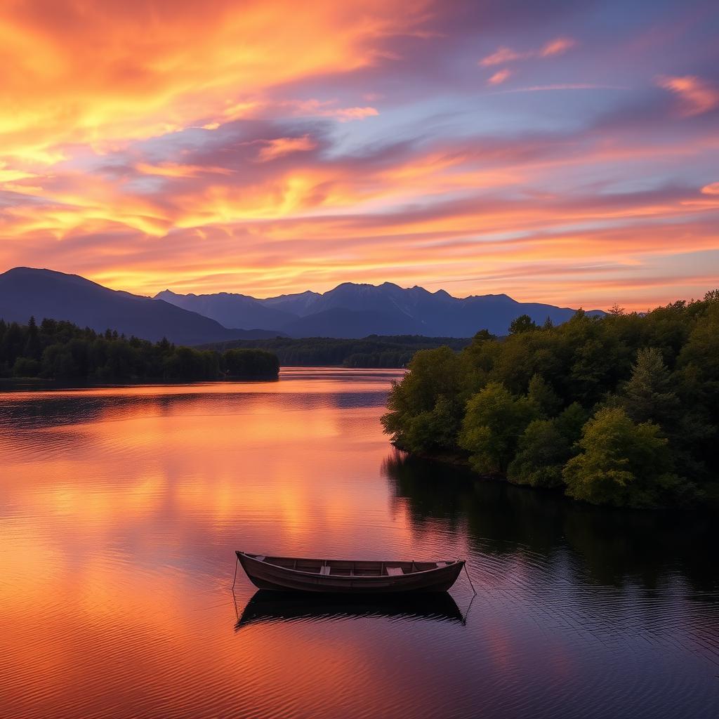 A stunning, vibrant sunset over a tranquil lake, with reflections of colorful clouds above and the silhouettes of distant mountains in the background