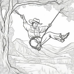 A cowboy humorously swinging from a tree, decorated with a lively western scenery around, rendered as a black and white image suited for a colouring book page