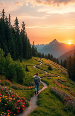 A scenic landscape depicting a journey through diverse terrains: starting in a lush green forest with towering trees, transitioning to a sunlit meadow filled with colorful wildflowers, and then leading to a breathtaking mountain range in the background