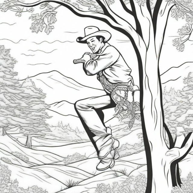 A cowboy humorously swinging from a tree, decorated with a lively western scenery around, rendered as a black and white image suited for a colouring book page