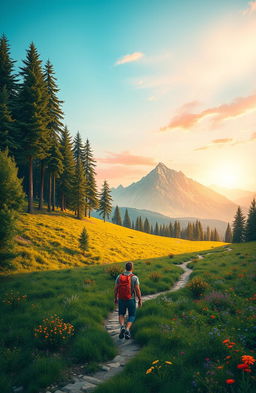 A scenic landscape depicting a journey through diverse terrains: starting in a lush green forest with towering trees, transitioning to a sunlit meadow filled with colorful wildflowers, and then leading to a breathtaking mountain range in the background