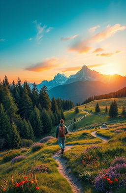 A scenic landscape depicting a journey through diverse terrains: starting in a lush green forest with towering trees, transitioning to a sunlit meadow filled with colorful wildflowers, and then leading to a breathtaking mountain range in the background