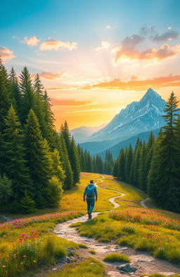 A scenic landscape depicting a journey through diverse terrains: starting in a lush green forest with towering trees, transitioning to a sunlit meadow filled with colorful wildflowers, and then leading to a breathtaking mountain range in the background