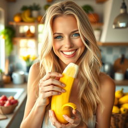 A stunning blonde woman enjoying a ripe banana, with a playful and joyful expression