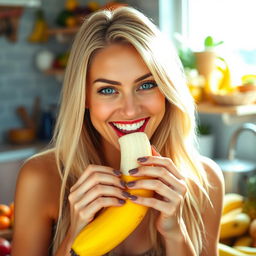 A stunning blonde woman enjoying a ripe banana, with a playful and joyful expression