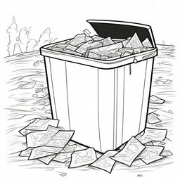 Illustration of a dirty trash bin with paper inside it and paper strewn about the ground.