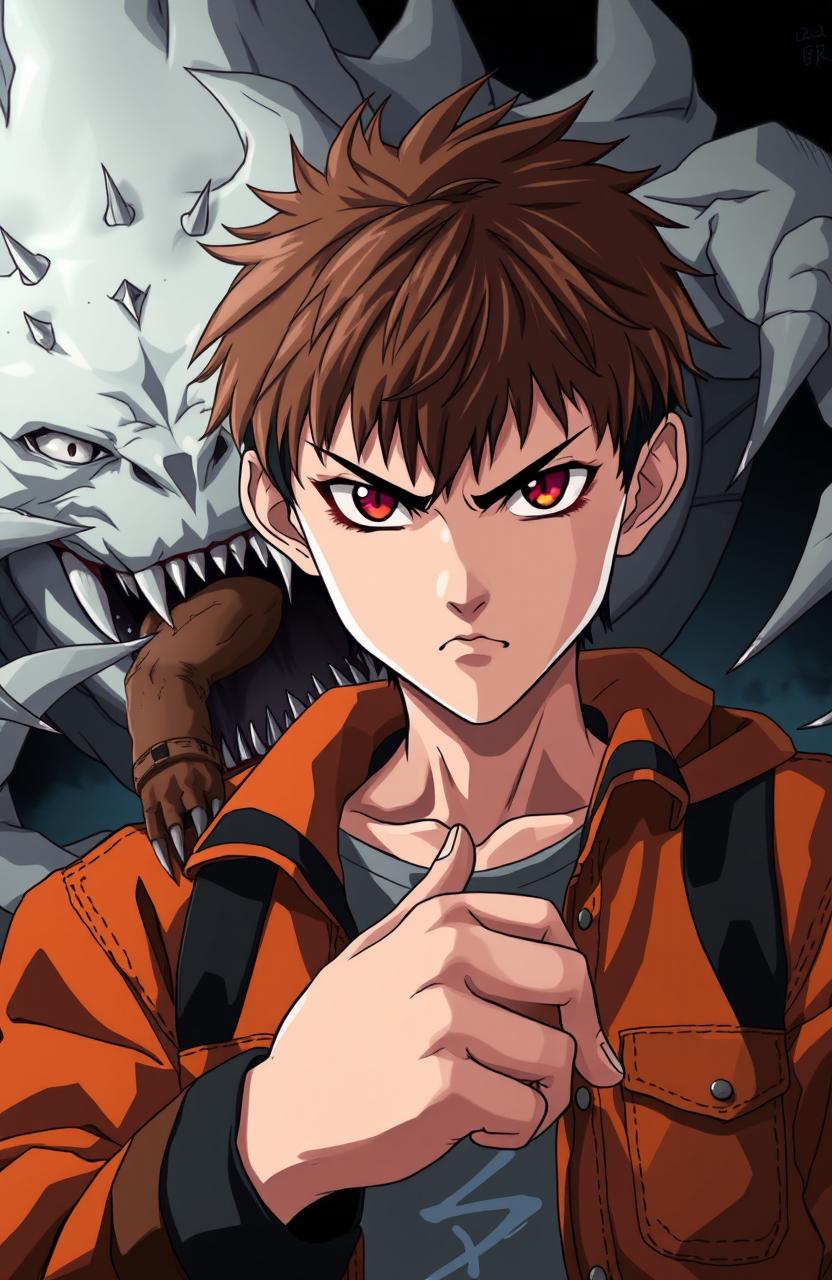 An intense anime style image of a 14-year-old boy with brown hair, staring directly at the viewer with an expression of anger