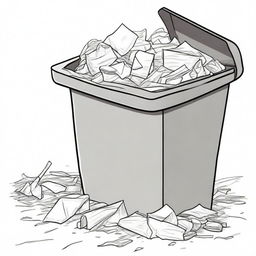 Illustration of a dirty trash bin with paper inside it and paper strewn about the ground.