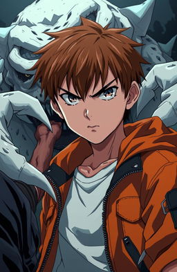 An intense anime style image of a 14-year-old boy with brown hair, staring directly at the viewer with an expression of anger